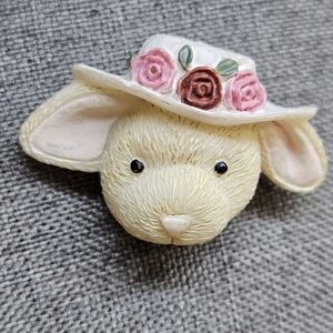 VINTAGE Bunny Rabbit Flower Bonnet Spring Brooch Pin Easter
